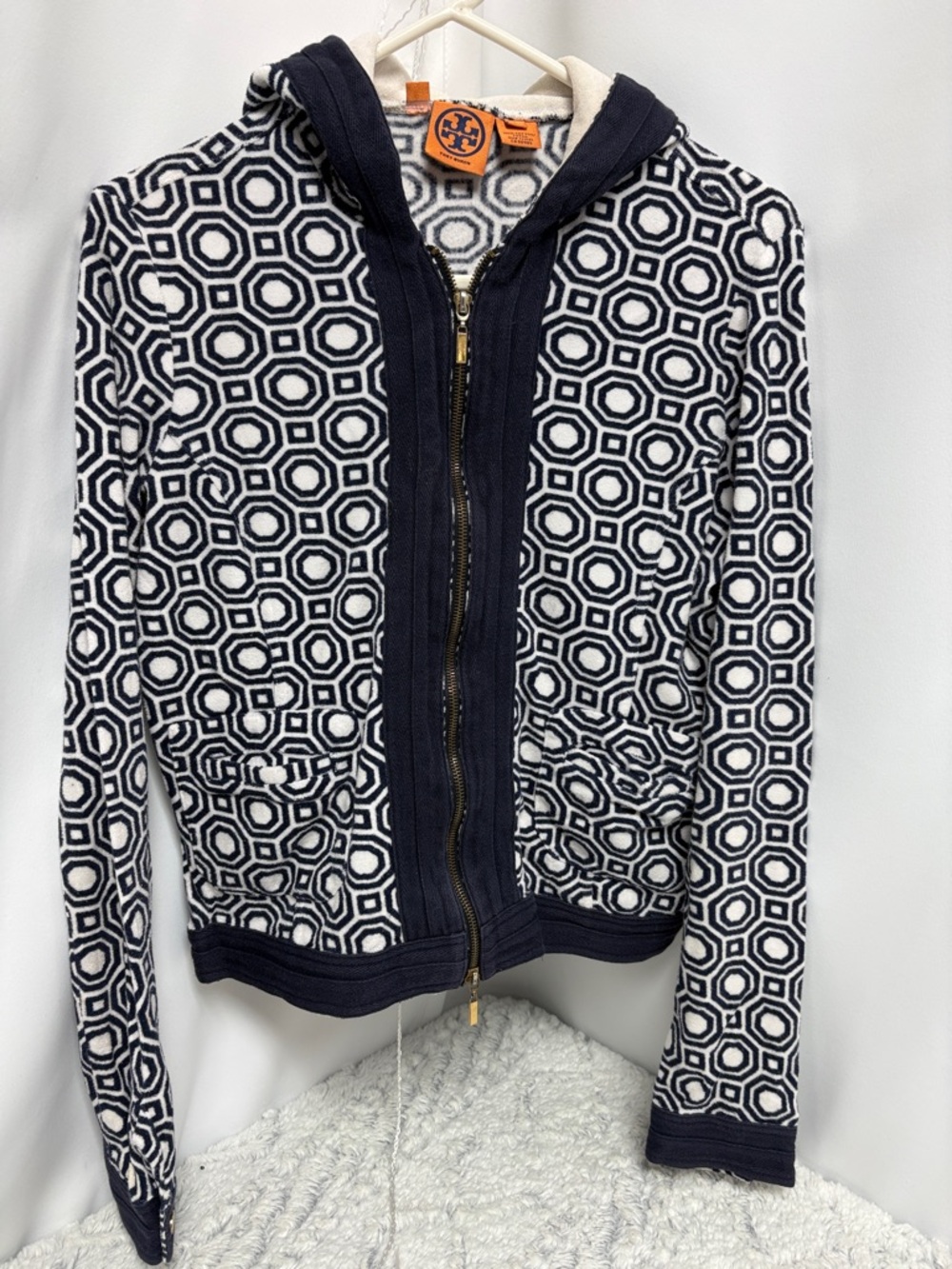 Tory Burch Navy and White Geometric Zip up hoodie size medium